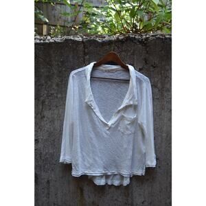 We The Free by Free People White Linen Cotton Collared V-Neck Top – Size M